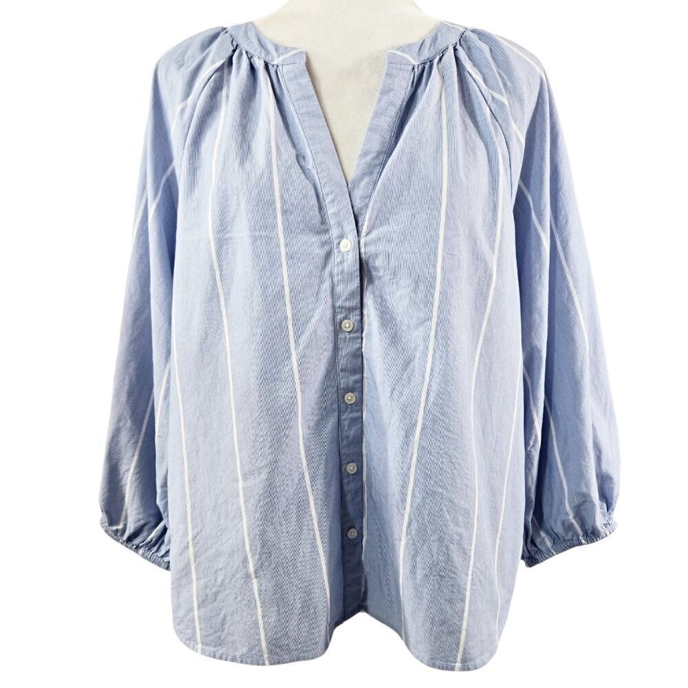 Ann Taylor Weekend Light Blue White Stripe Button-Up Top Puff Sleeves Beachy